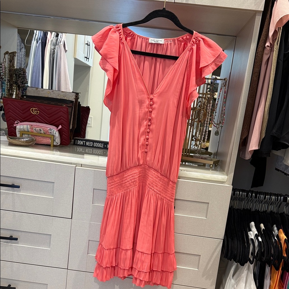 Ramy Brook Coral Midi Dress with Ruffle Sleeves